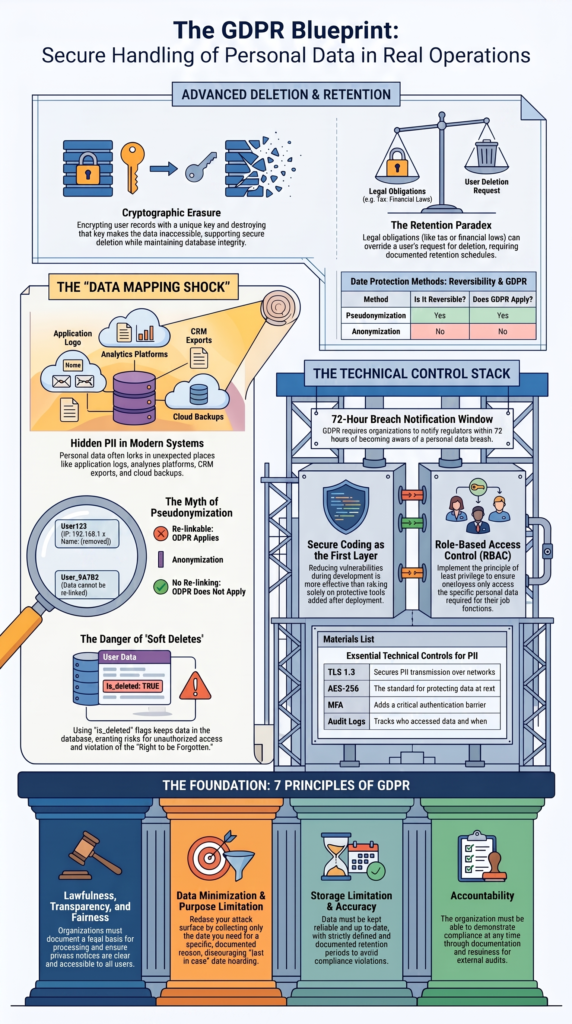 Secure Handling PII Data GDPR infographic showing retention, deletion, access controls, and privacy principles.