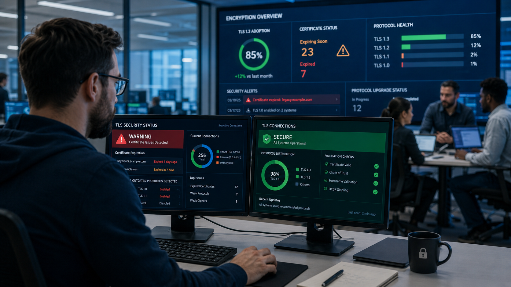 TLS Configuration Mistakes Data Exposure audit team reviewing outdated protocols and certificate alerts in security center 