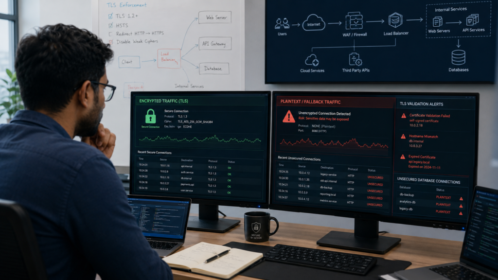 TLS Configuration Mistakes Data Exposure caused by plaintext fallback connections and failed certificate validation 