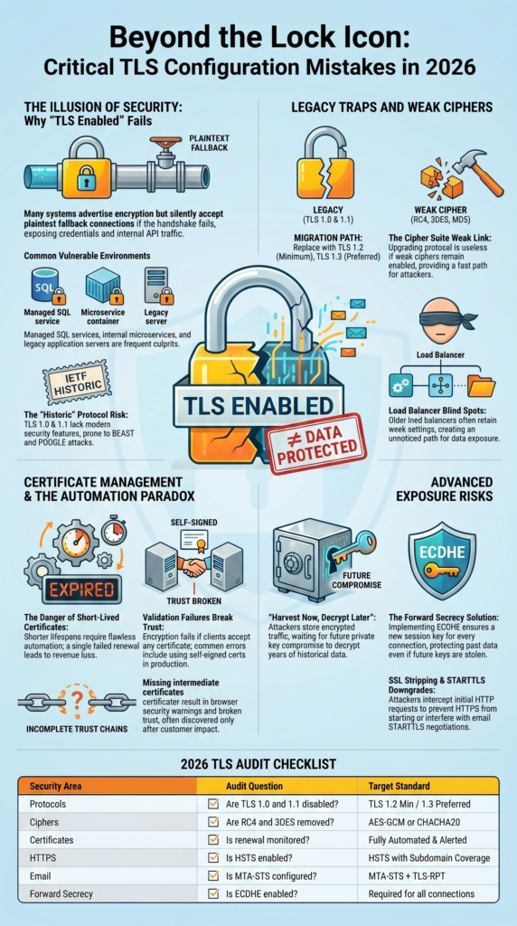 TLS Configuration Mistakes Data Exposure infographic explaining certificate, cipher, and protocol risks