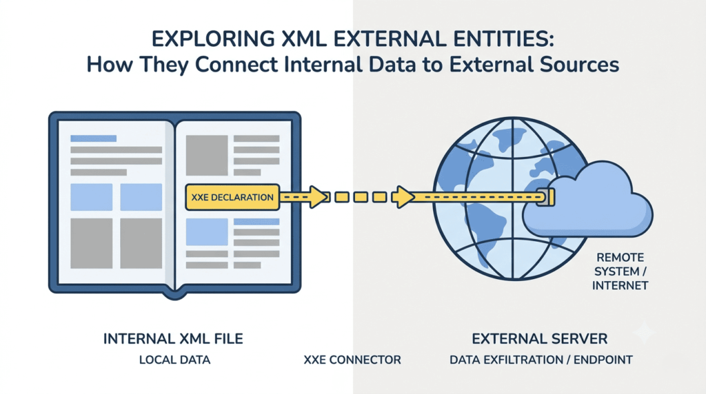 Illustration of what is xxe vulnerability attack as XXE declaration connects internal XML file to external server for data exfiltration.