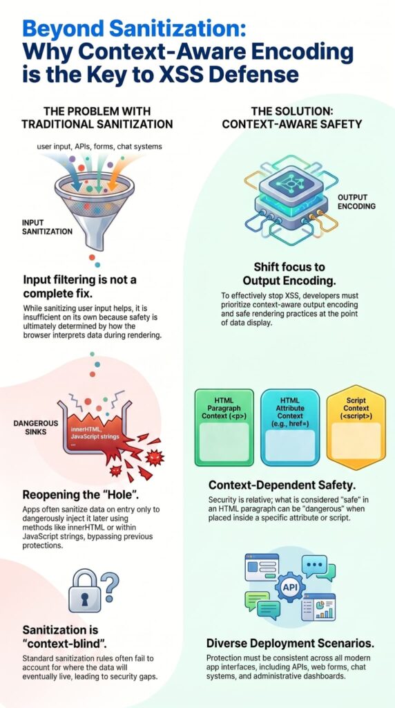 Infographic comparing sanitizing user input avoid XSS with context-aware output encoding and dangerous sink vulnerabilities.