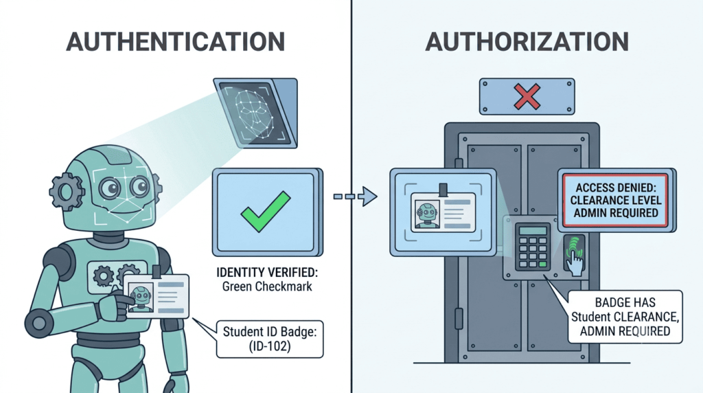Robot with student ID denied admin access, illustrating insecure direct object reference IDOR authorization gaps