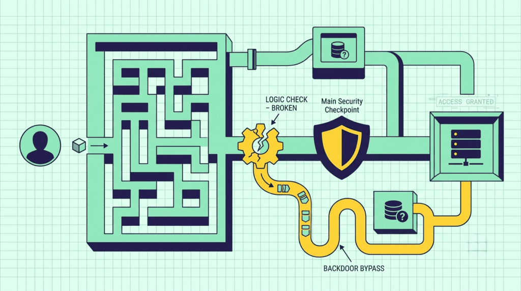 Flowchart of insecure direct object reference IDOR where a broken logic check allows unauthorized database access