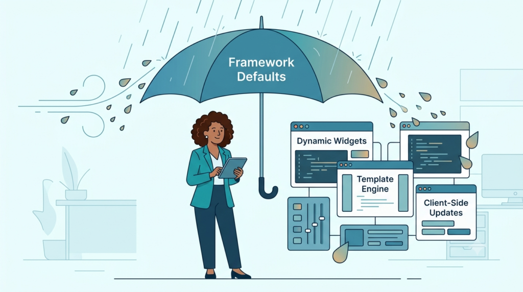 Developer protected by framework defaults umbrella, showing how to prevent XSS vulnerabilities in web application via secure components. 
