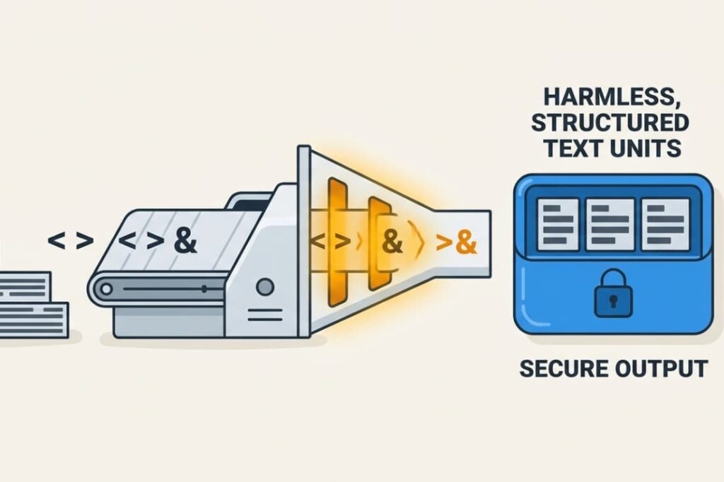 Encoding machine converting dangerous characters into secure output, demonstrating output encoding prevent XSS correctly.