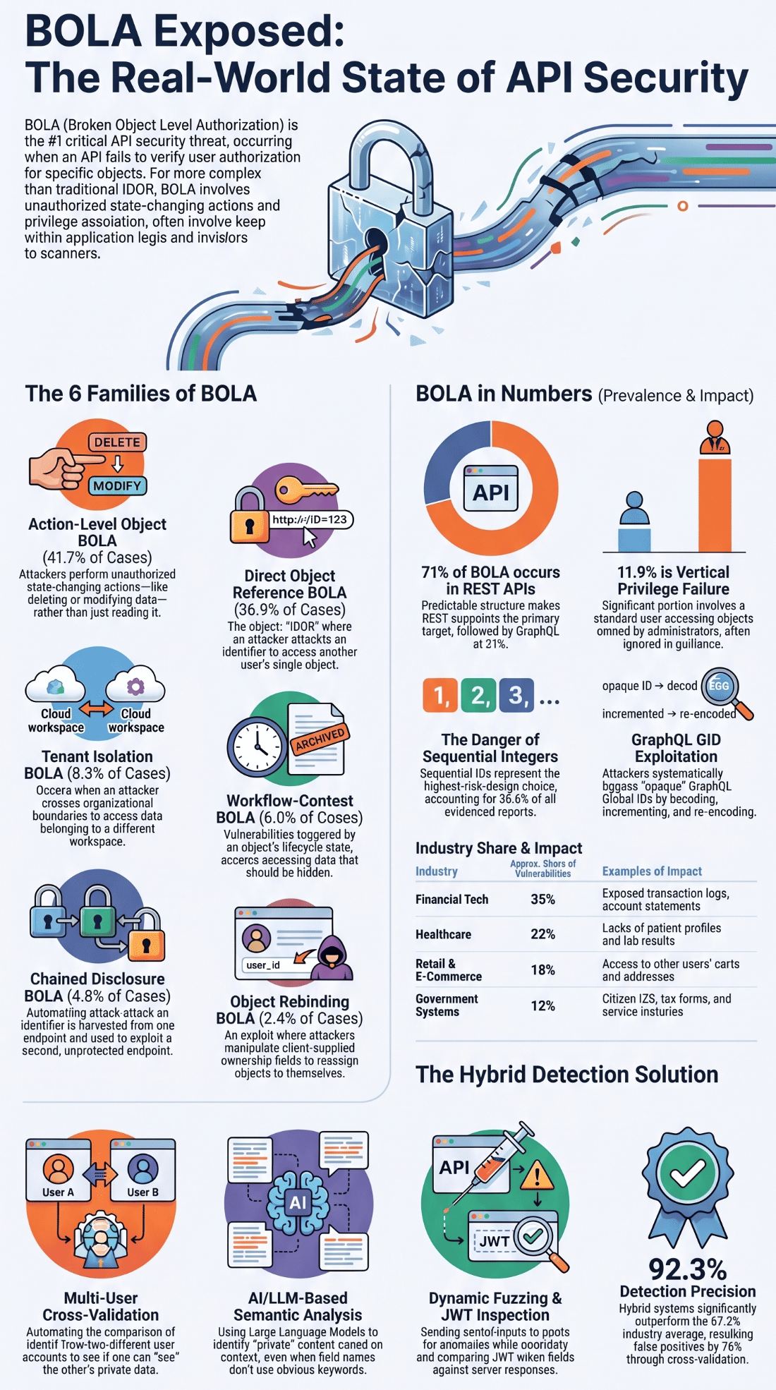 Infographic on BOLA families and stats, showing how insecure direct object reference IDOR leads to API data breaches