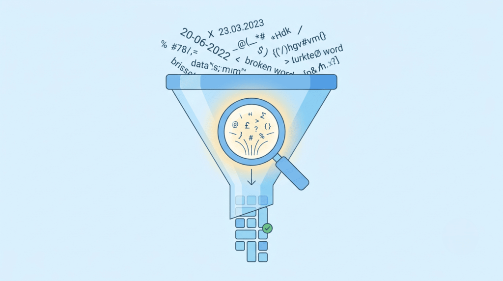 Illustration of preventing IDOR vulnerabilities code level through input sanitization and validation filtering raw data into structured output.