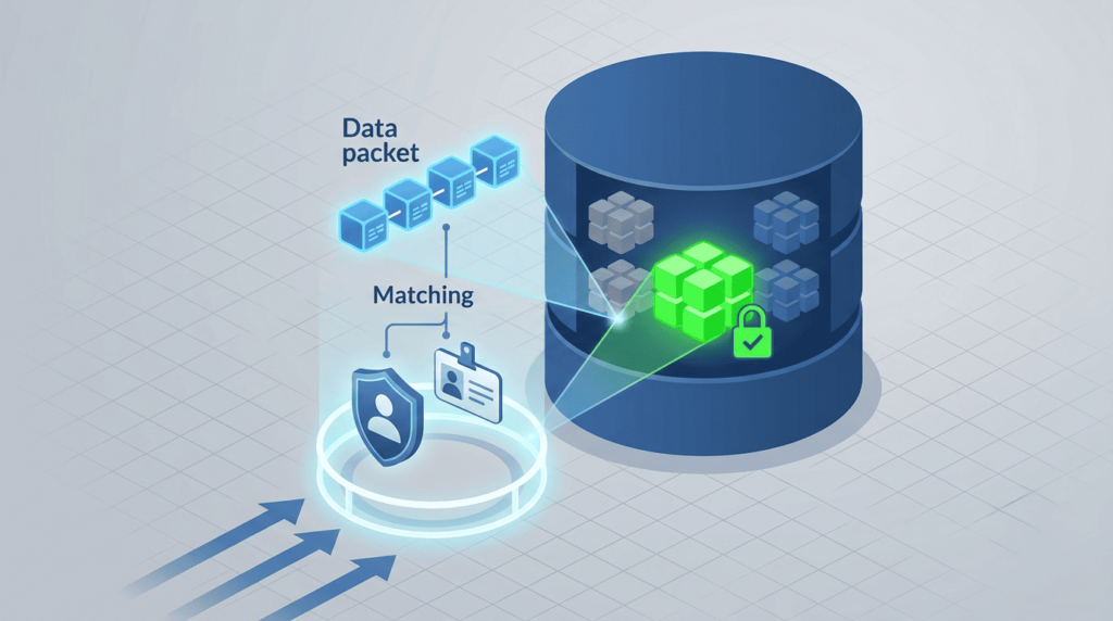 Diagram showing preventing IDOR vulnerabilities code level by matching data packets to verified identities before granting database access.