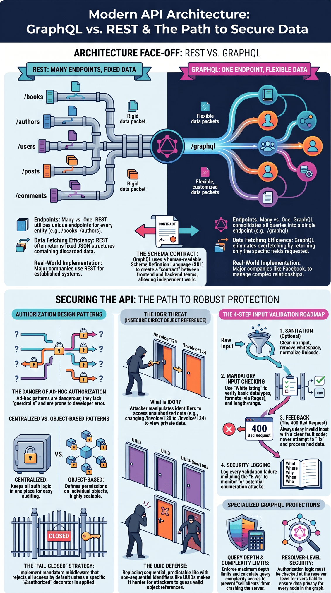 Infographic covering preventing IDOR vulnerabilities code level with UUID defense, authorization patterns, and GraphQL security protections.