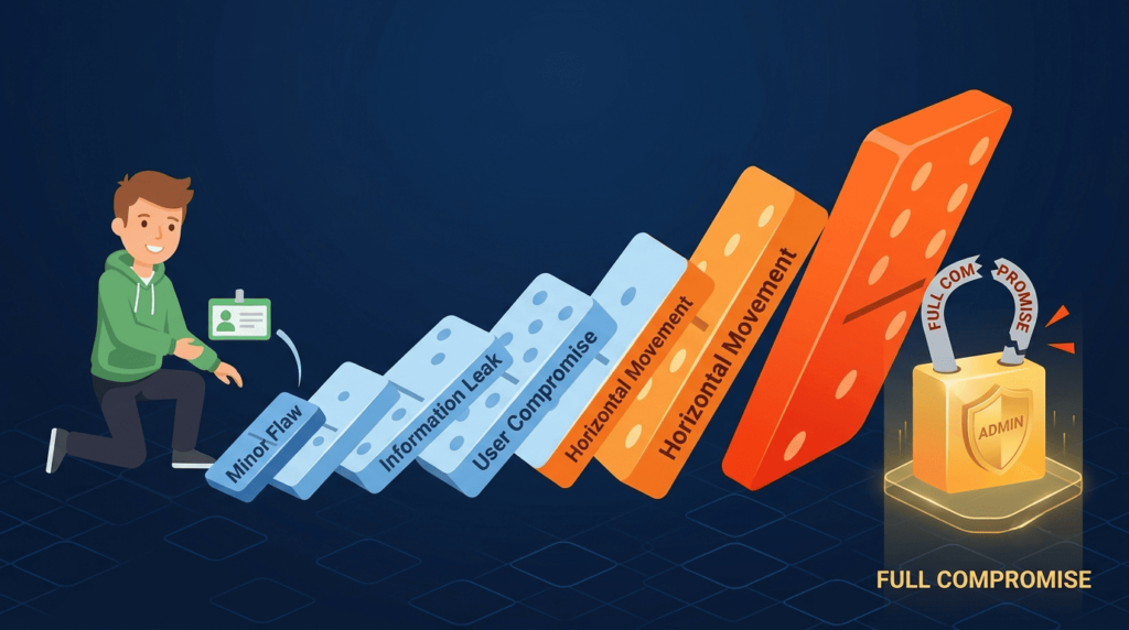 Vertical privilege escalation explained via a domino chain from minor flaw to information leak, user compromise, and full admin breach.