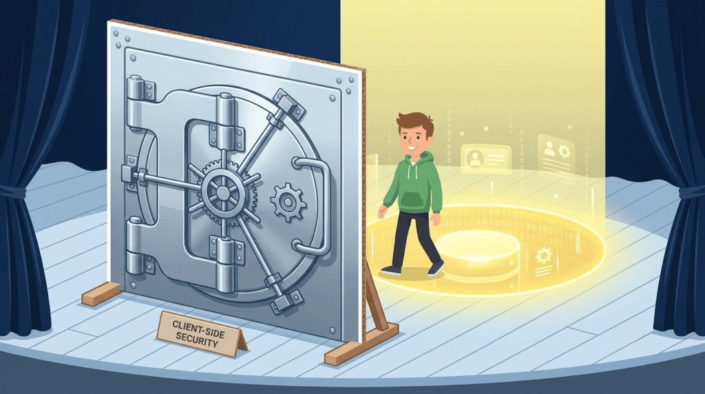 Vertical privilege escalation explained as a user bypassing client-side security to access restricted backend data.