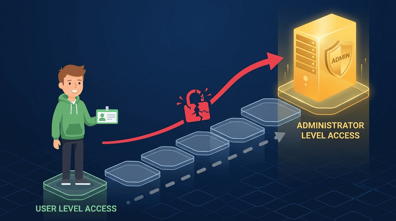 Vertical privilege escalation explained: a standard user bypassing a broken lock to reach administrator-level server access.