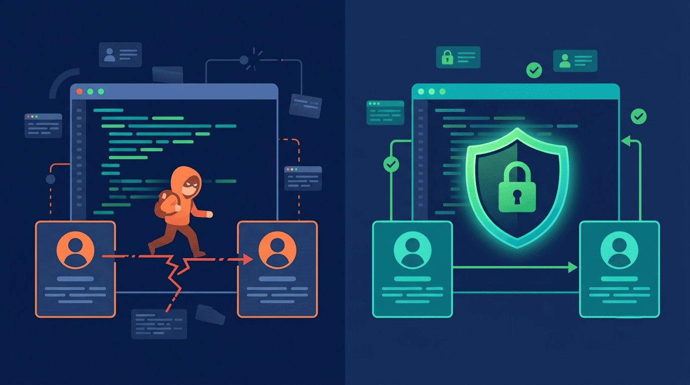 Split illustration of preventing horizontal privilege escalation: a hacker jumping between user accounts versus a secured server-side authorization shield.