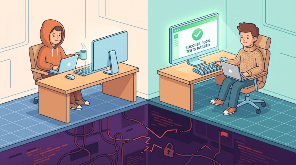 Split scene showing preventing horizontal privilege escalation: an attacker probing hidden vulnerabilities versus a developer passing security tests.