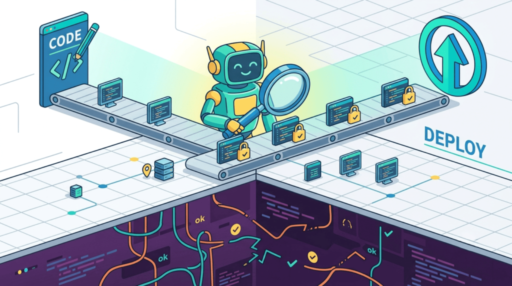 A robot scanning code on a CI/CD conveyor belt, automating preventing horizontal privilege escalation before deployment.