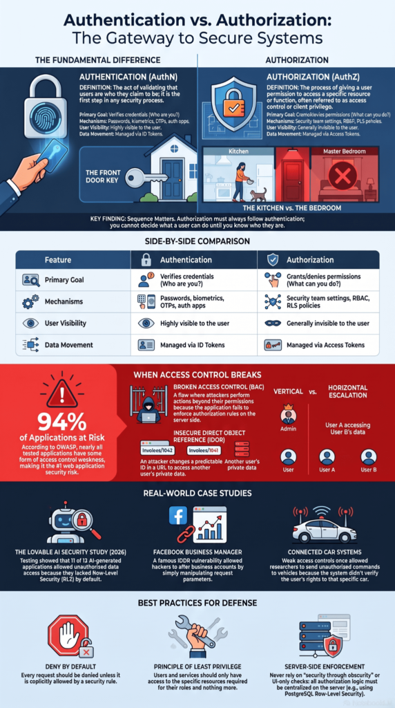 Infographic comparing authentication and authorization methods, covering preventing horizontal privilege escalation via RBAC and access tokens.