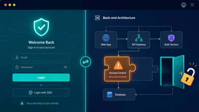 Access control misconfiguration examples shown with layered application security and a digital fortress illustration.