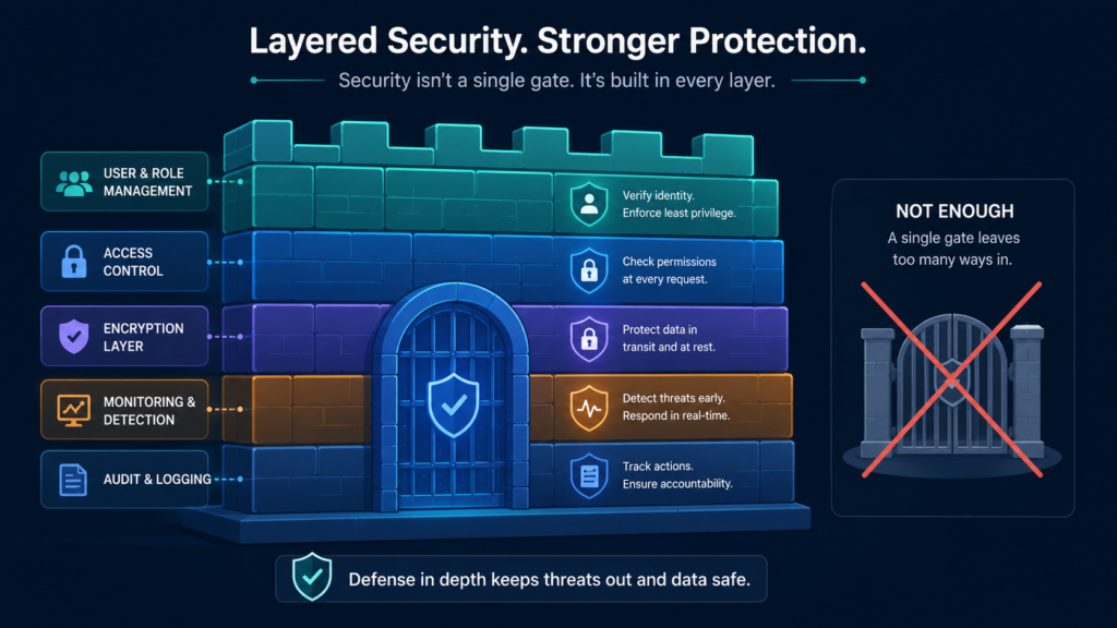 Access control misconfiguration examples highlighting defense in depth with encryption and monitoring layers. 