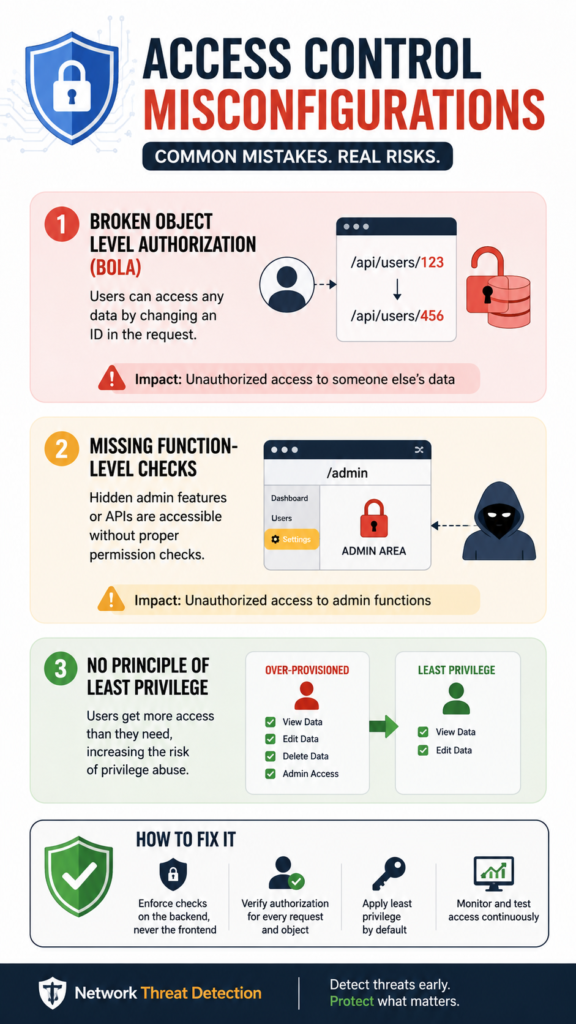Vector illustration of access control misconfiguration examples using layered defenses and secure user roles. 