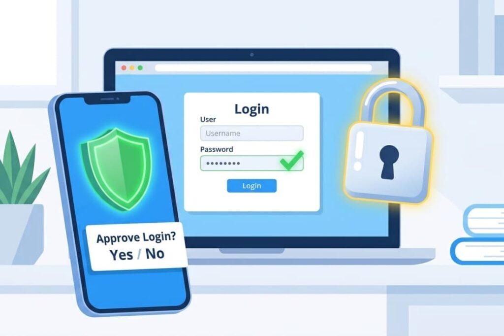 Mobile MFA approval prompt beside a secured login screen illustrating credential stuffing attack prevention methods