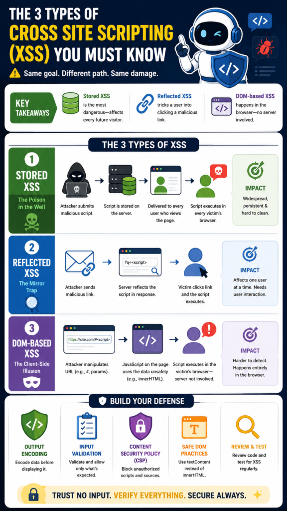 Infographic detailing the key takeaways, impacts, and defenses for the types of cross site scripting. 