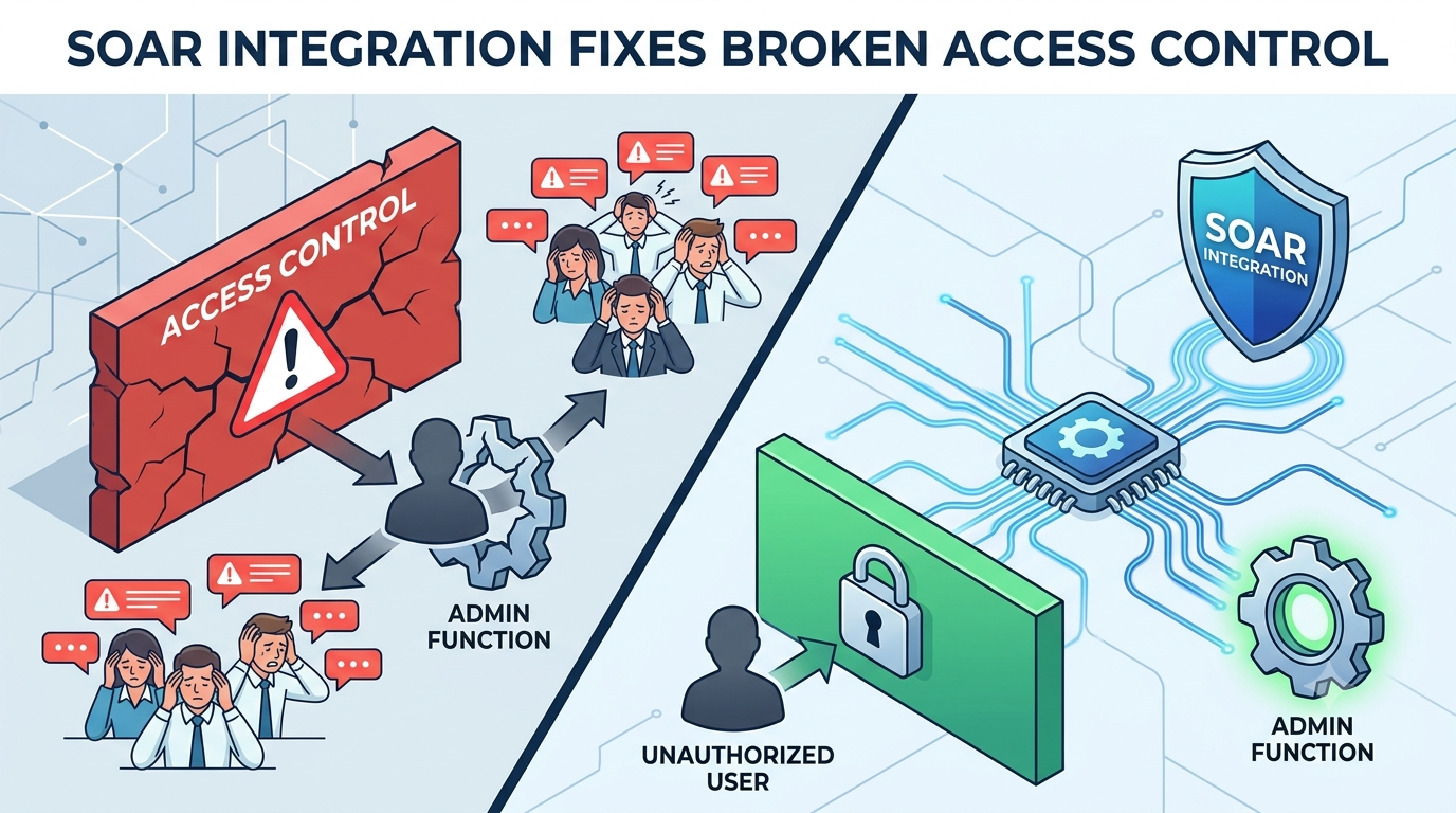 Infographic comparing insecure systems with function level access control missing to secure SOAR-integrated workflows.