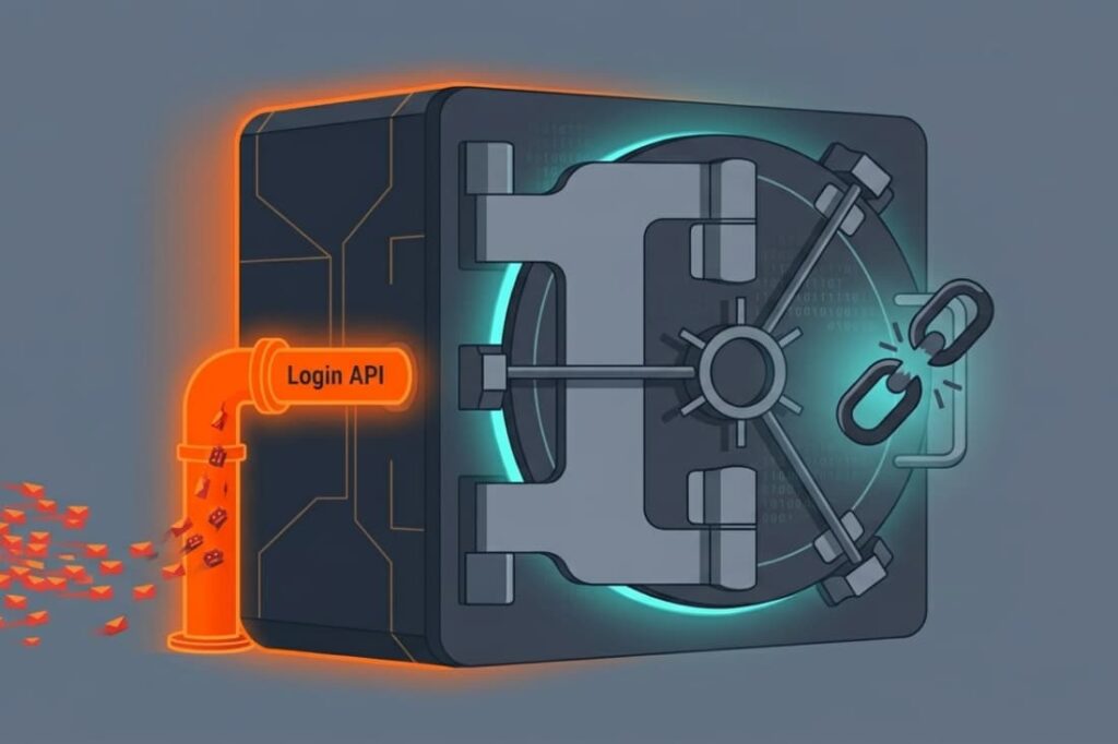 Bot traffic flooding a Login API into a vault, highlighting the need for credential stuffing attack prevention methods