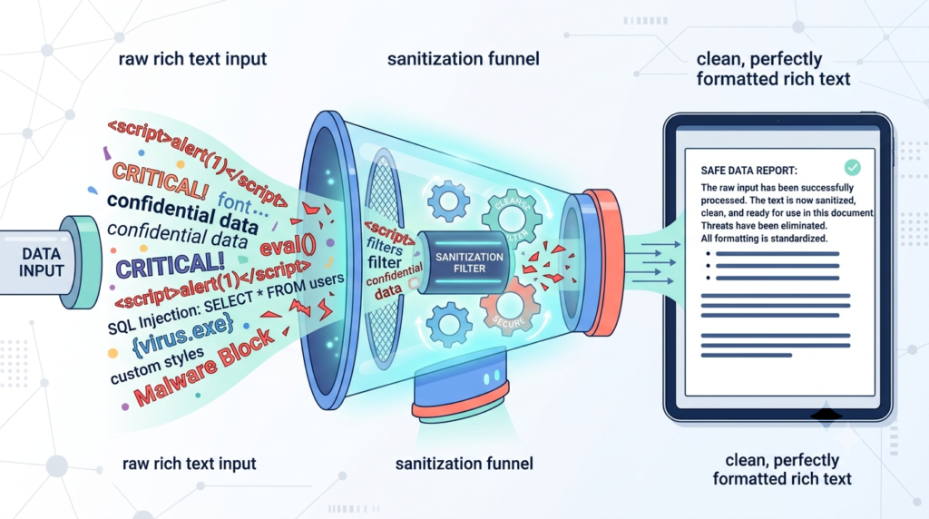 Diagram showing XSS mitigation techniques developers rely on, filtering raw malicious input through a sanitization funnel into clean formatted text.