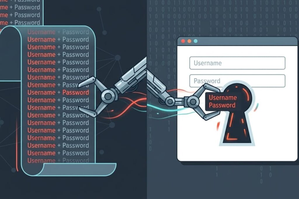 Robotic arm inserting stolen credentials into a login form, demonstrating why credential stuffing attack prevention methods matter