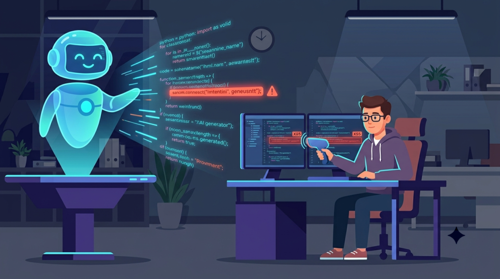 AI assistant projecting code while a developer reviews XSS mitigation techniques developers must audit to catch vulnerabilities in AI-generated scripts.