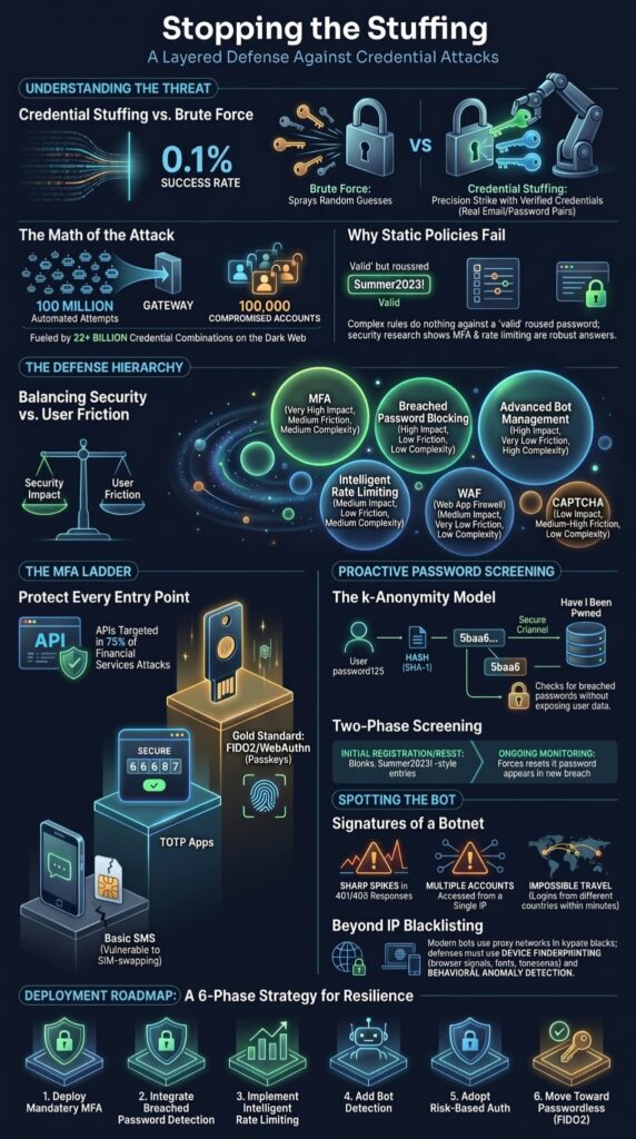 Infographic detailing credential stuffing attack prevention methods including MFA, bot detection, and rate limiting layers