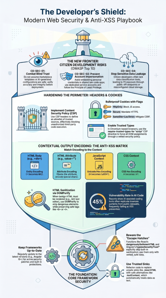 Infographic shield illustrating XSS mitigation techniques developers use, including CSP headers, cookie flags, and output encoding.