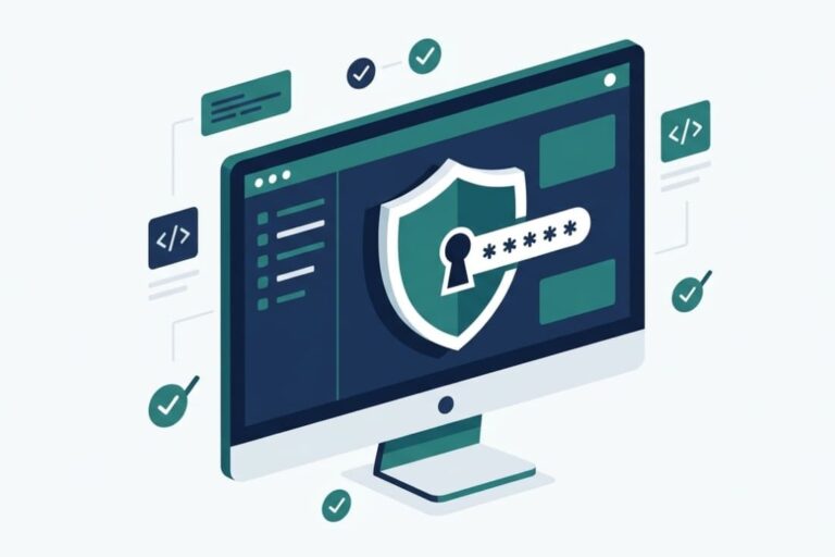 Desktop screen with shield and masked password field illustrating a secure password reset implementation guide for developers