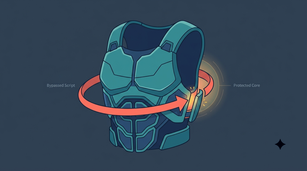 Armored vest with bypassed script arrow shows limits of relying solely on content security policy prevent XSS at the protected core.