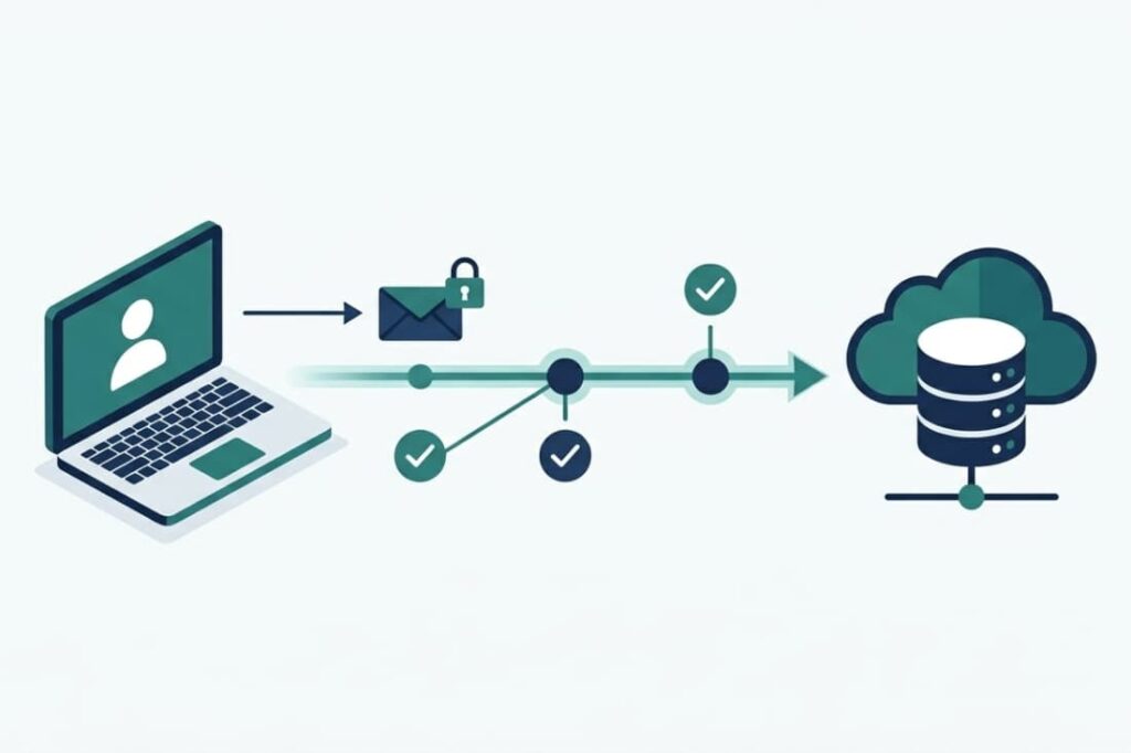 Flowchart of user request through encrypted email token to cloud database as part of a secure password reset implementation guide
