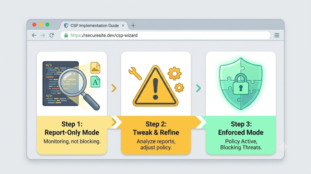 Three-step CSP implementation guide showing how content security policy prevent XSS through report-only, refine, and enforce phases.