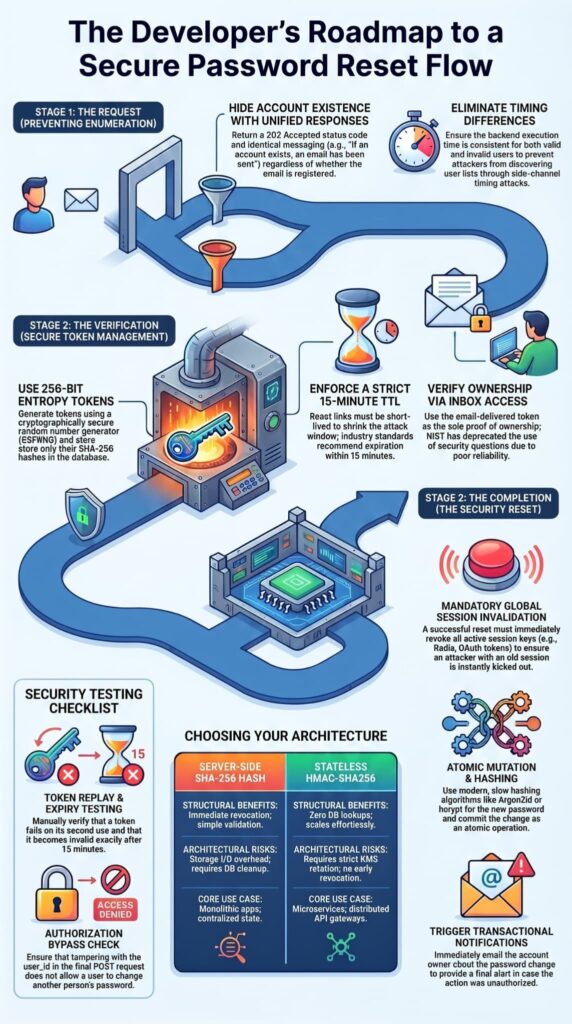 Developer roadmap infographic covering token management and session invalidation for a secure password reset implementation guide