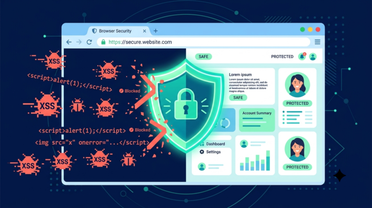 Shield blocking malicious script injections, illustrating how content security policy prevent XSS attacks on secure websites.
