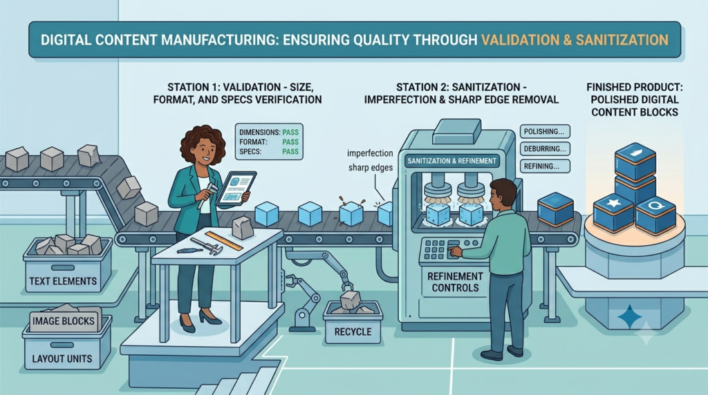 Factory assembly line illustrating how to prevent XSS vulnerabilities in web application through input validation and sanitization steps. 
