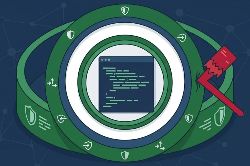 Code editor surrounded by layered security shields showing how output encoding prevent XSS correctly blocks attacks.