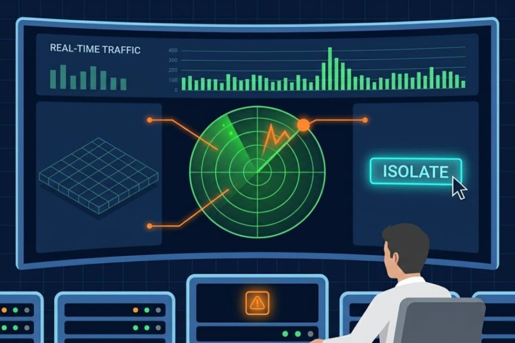 Security analyst monitoring real-time traffic radar and isolating threats as part of a brute force attack mitigation strategy