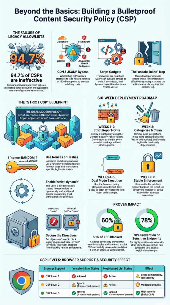 Infographic showing how content security policy prevent XSS through strict CSP blueprint and six-week deployment roadmap.