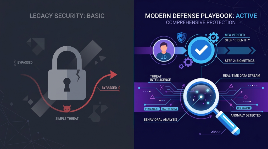 Legacy lock bypassed vs modern MFA playbook, showing preventing session hijacking techniques through behavioral analysis.