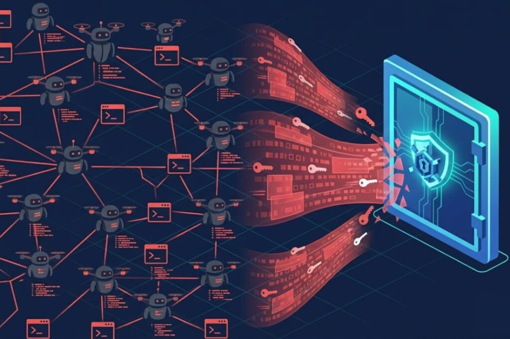 Botnet flooding a secured server with stolen keys, illustrating the threat requiring a brute force attack mitigation strategy
