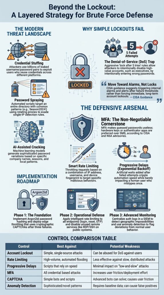 Infographic outlining a layered brute force attack mitigation strategy with MFA, rate limiting, and SIEM monitoring phases