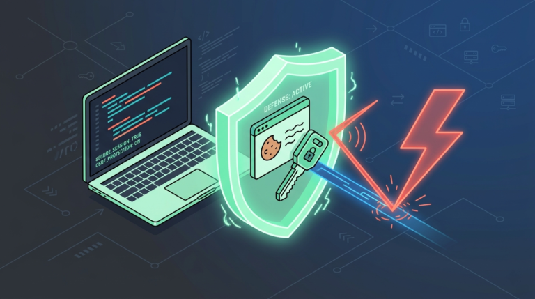Laptop with active defense shield blocking attacks, illustrating preventing session hijacking techniques via secure cookies