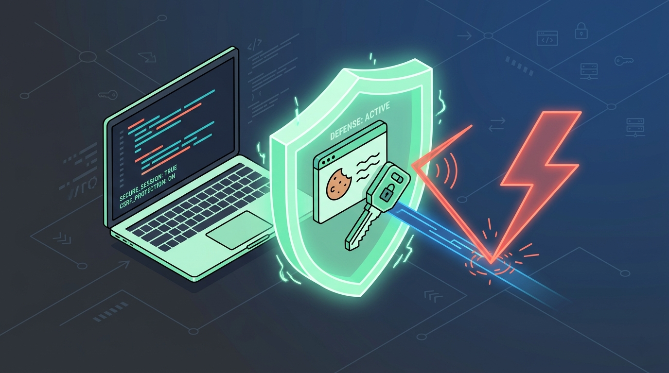 Laptop with active defense shield blocking attacks, illustrating preventing session hijacking techniques via secure cookies