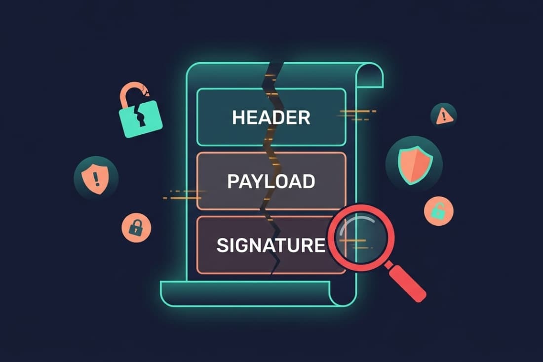 Cracked JWT scroll showing header, payload, and signature under a magnifying glass revealing JWT authentication vulnerabilities common