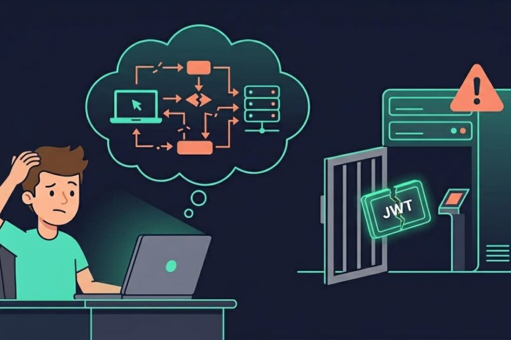 Confused developer facing a broken JWT token and server alert illustrating JWT authentication vulnerabilities common in systems